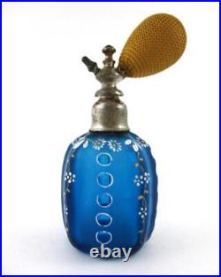 Antique BLUE Satin BOHEMIAN Art Glass PERFUME ATOMIZER hand painted ENAMEL