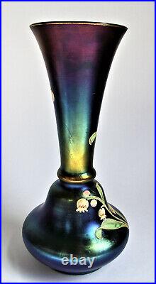 Antique BOHEMIAN CZECH Purple Blue IRIDESCENT Gold PAINTED ENAMEL Art GLASS VASE