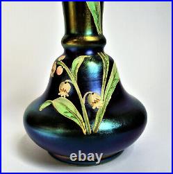 Antique BOHEMIAN CZECH Purple Blue IRIDESCENT Gold PAINTED ENAMEL Art GLASS VASE