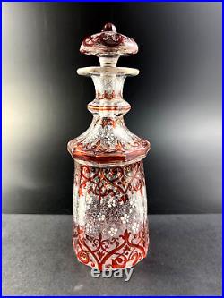 Antique Biedermeier Hand Painted Enamel Cranberry Stained 7 5/8 Perfume Bottle