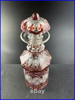 Antique Biedermeier Hand Painted Enamel Cranberry Stained 7 5/8 Perfume Bottle