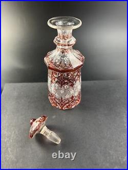 Antique Biedermeier Hand Painted Enamel Cranberry Stained 7 5/8 Perfume Bottle