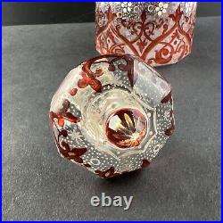 Antique Biedermeier Hand Painted Enamel Cranberry Stained 7 5/8 Perfume Bottle