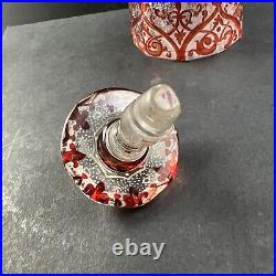 Antique Biedermeier Hand Painted Enamel Cranberry Stained 7 5/8 Perfume Bottle