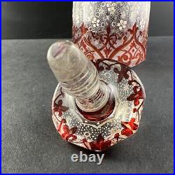 Antique Biedermeier Hand Painted Enamel Cranberry Stained 7 5/8 Perfume Bottle