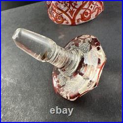 Antique Biedermeier Hand Painted Enamel Cranberry Stained 7 5/8 Perfume Bottle