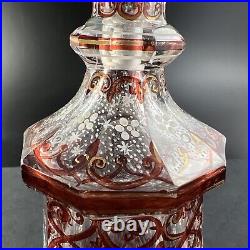 Antique Biedermeier Hand Painted Enamel Cranberry Stained 7 5/8 Perfume Bottle