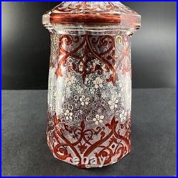 Antique Biedermeier Hand Painted Enamel Cranberry Stained 7 5/8 Perfume Bottle