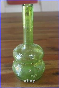 Antique Blown Art Glass Barber Shaving Bottle Green Enamel Paint Flowers Gold