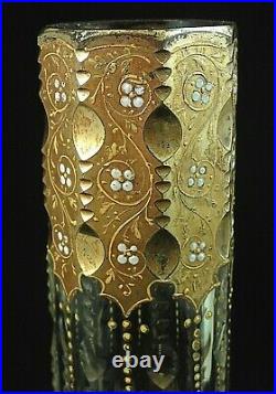 Antique Bohemian Beveled Cut & Hand Painted Gold / Enamel Rococo Art Glass Vase