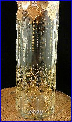 Antique Bohemian Beveled Cut & Hand Painted Gold / Enamel Rococo Art Glass Vase