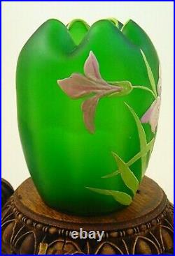 Antique Bohemian Carl Goldberg Green Hand Painted IRIS Enameled Art Glass Vase