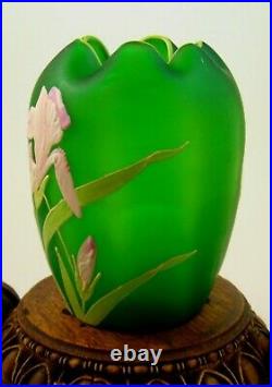 Antique Bohemian Carl Goldberg Green Hand Painted IRIS Enameled Art Glass Vase