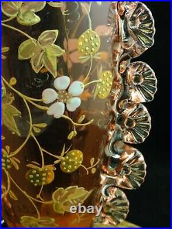 Antique Bohemian Cranberry Hand Painted Enamel STRAWBERRY BLOSSOM Art Glass Vase