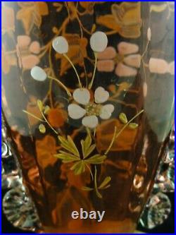 Antique Bohemian Cranberry Hand Painted Enamel STRAWBERRY BLOSSOM Art Glass Vase