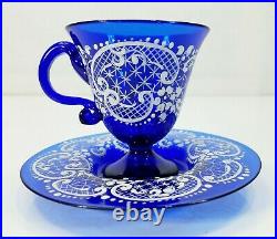 Antique Bohemian Czech Art Glass Enameled Cup & Saucer Hand Painted Cobalt Blue