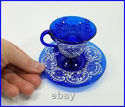 Antique Bohemian Czech Art Glass Enameled Cup & Saucer Hand Painted Cobalt Blue