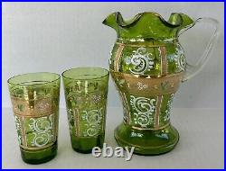 Antique Bohemian Czech Pitcher Tumbler Set Green Gold Gilt Enamel Flowers