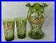 Antique Bohemian Czech Pitcher Tumbler Set Green Gold Gilt Enamel Flowers