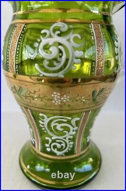 Antique Bohemian Czech Pitcher Tumbler Set Green Gold Gilt Enamel Flowers