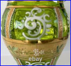 Antique Bohemian Czech Pitcher Tumbler Set Green Gold Gilt Enamel Flowers