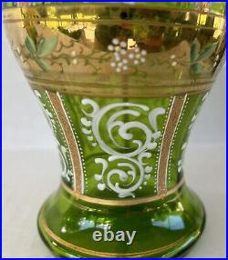 Antique Bohemian Czech Pitcher Tumbler Set Green Gold Gilt Enamel Flowers