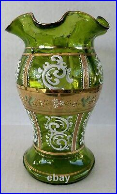 Antique Bohemian Czech Pitcher Tumbler Set Green Gold Gilt Enamel Flowers