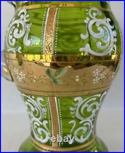 Antique Bohemian Czech Pitcher Tumbler Set Green Gold Gilt Enamel Flowers