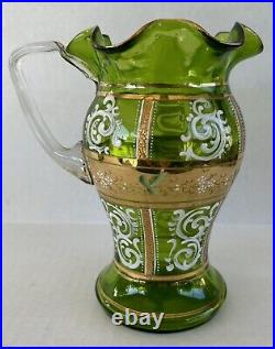 Antique Bohemian Czech Pitcher Tumbler Set Green Gold Gilt Enamel Flowers