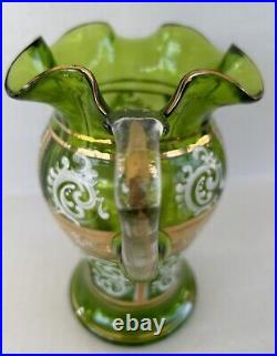 Antique Bohemian Czech Pitcher Tumbler Set Green Gold Gilt Enamel Flowers