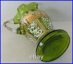 Antique Bohemian Czech Pitcher Tumbler Set Green Gold Gilt Enamel Flowers