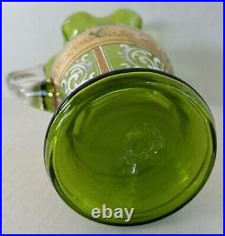 Antique Bohemian Czech Pitcher Tumbler Set Green Gold Gilt Enamel Flowers