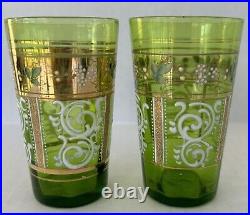 Antique Bohemian Czech Pitcher Tumbler Set Green Gold Gilt Enamel Flowers