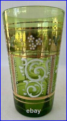 Antique Bohemian Czech Pitcher Tumbler Set Green Gold Gilt Enamel Flowers