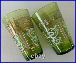 Antique Bohemian Czech Pitcher Tumbler Set Green Gold Gilt Enamel Flowers