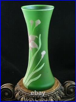 Antique Bohemian Goldberg Green Satin Hand Painted Enamel FREESIA Art Glass Vase