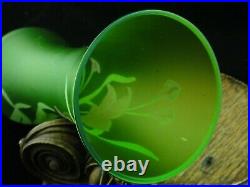 Antique Bohemian Goldberg Green Satin Hand Painted Enamel FREESIA Art Glass Vase
