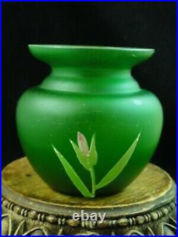 Antique Bohemian Goldberg Green Satin Hand Painted Enamel IRIS Art Glass Vase