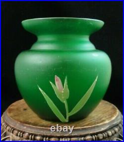 Antique Bohemian Goldberg Green Satin Hand Painted Enamel IRIS Art Glass Vase