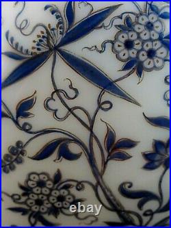 Antique Bohemian Harrach Hand Painted Blue Enamel & Gold Floral Art Glass Vase