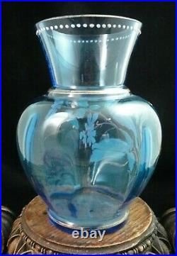 Antique Bohemian Harrach Hand Painted Enamel Blue Bird & Floral Art Glass Vase