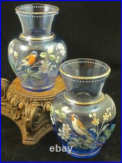 Antique Bohemian Harrach Hand Painted Enamel Blue Bird & Floral Art Glass Vase 1