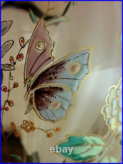 Antique Bohemian Harrach Hand Painted Enamel Butterfly & Peony Art Glass Vase
