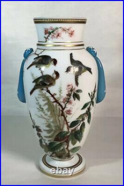 Antique Bohemian Harrach Hand Painted Enameled Floral Art Glass Vase 10 1/2