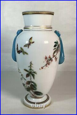 Antique Bohemian Harrach Hand Painted Enameled Floral Art Glass Vase 10 1/2