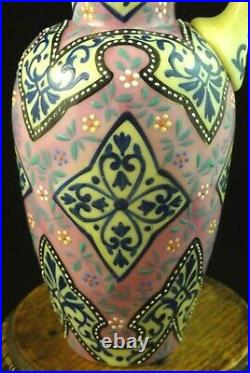 Antique Bohemian Harrach Moroccan Hand Painted Enameled Art Glass Jug / Vase