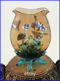 Antique Bohemian Harrach Topaz / Blue Hand Painted Enamel Floral Art Glass Vase
