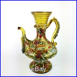 Antique Bohemian Moser Style Art Glass Hand Painted Enamel Pitcher with Rigaree
