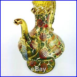 Antique Bohemian Moser Style Art Glass Hand Painted Enamel Pitcher with Rigaree