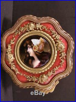 Antique Bronze French Enamel Foil Guilloche Portrait Jewelry Trinket Dresser Box